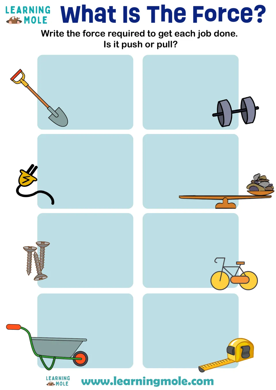 Push or pull forces: students write which force each of 8 jobs needs, such as a shovel, plug, bike and wheelbarrow
