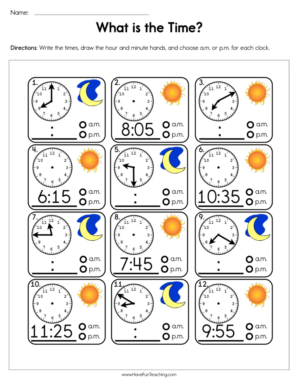 Telling time practice: 12 clocks to read or draw hands on, with sun and moon cues for choosing a.m. or p.m.