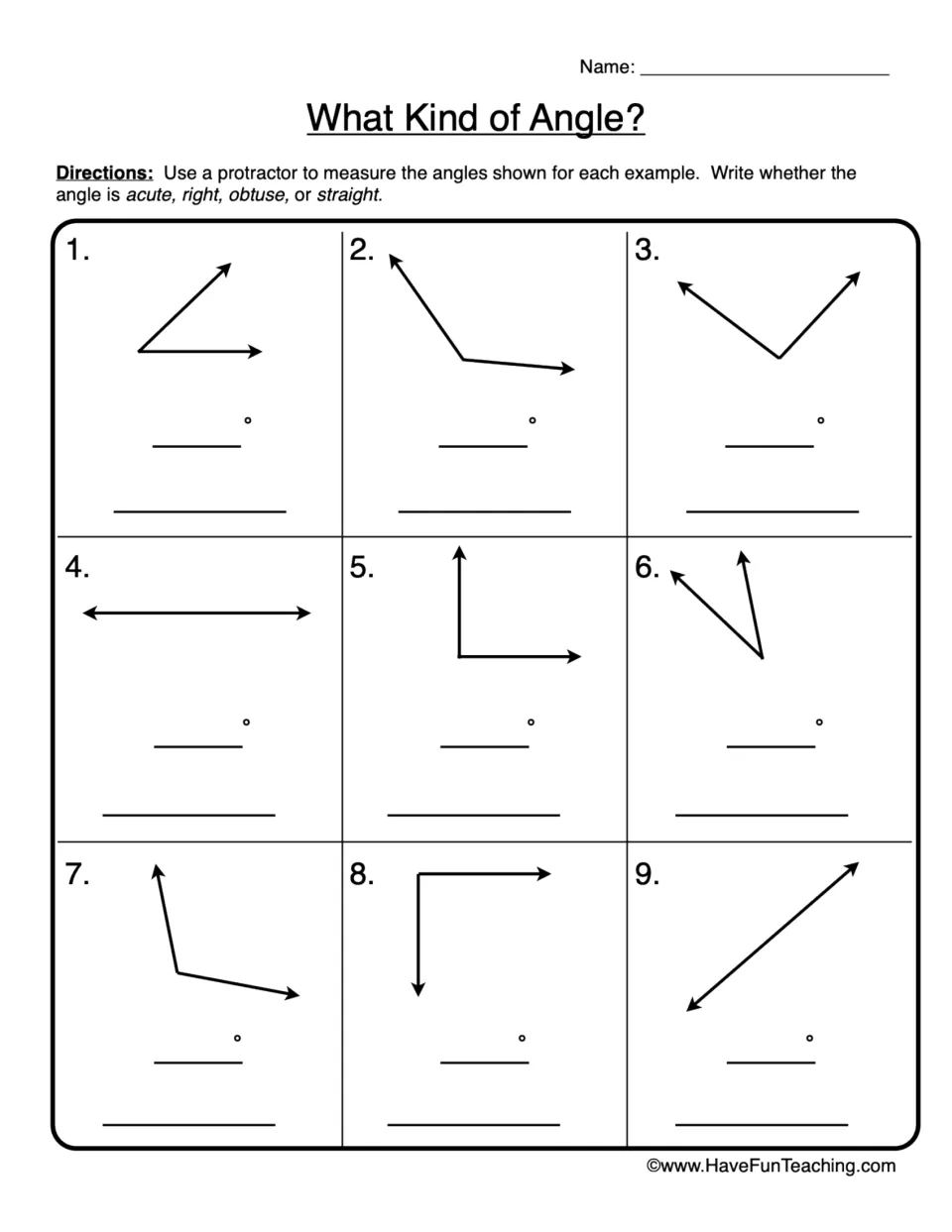 Classifying angles: students use a protractor to measure 9 angles and label each acute, right, obtuse or straight