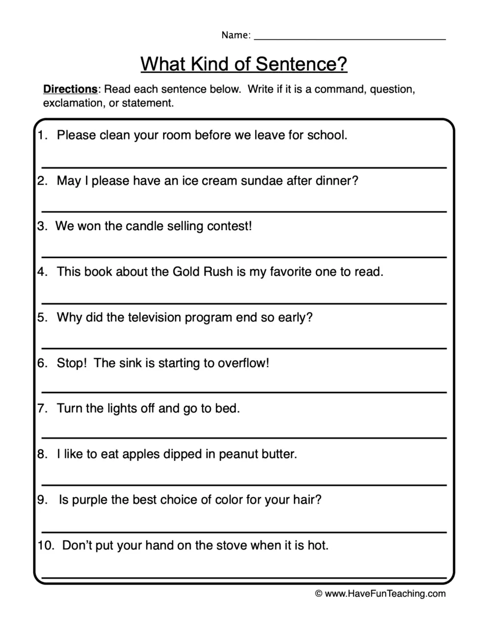 Sentence types: students read 10 sentences and write whether each is a command, question, exclamation or statement