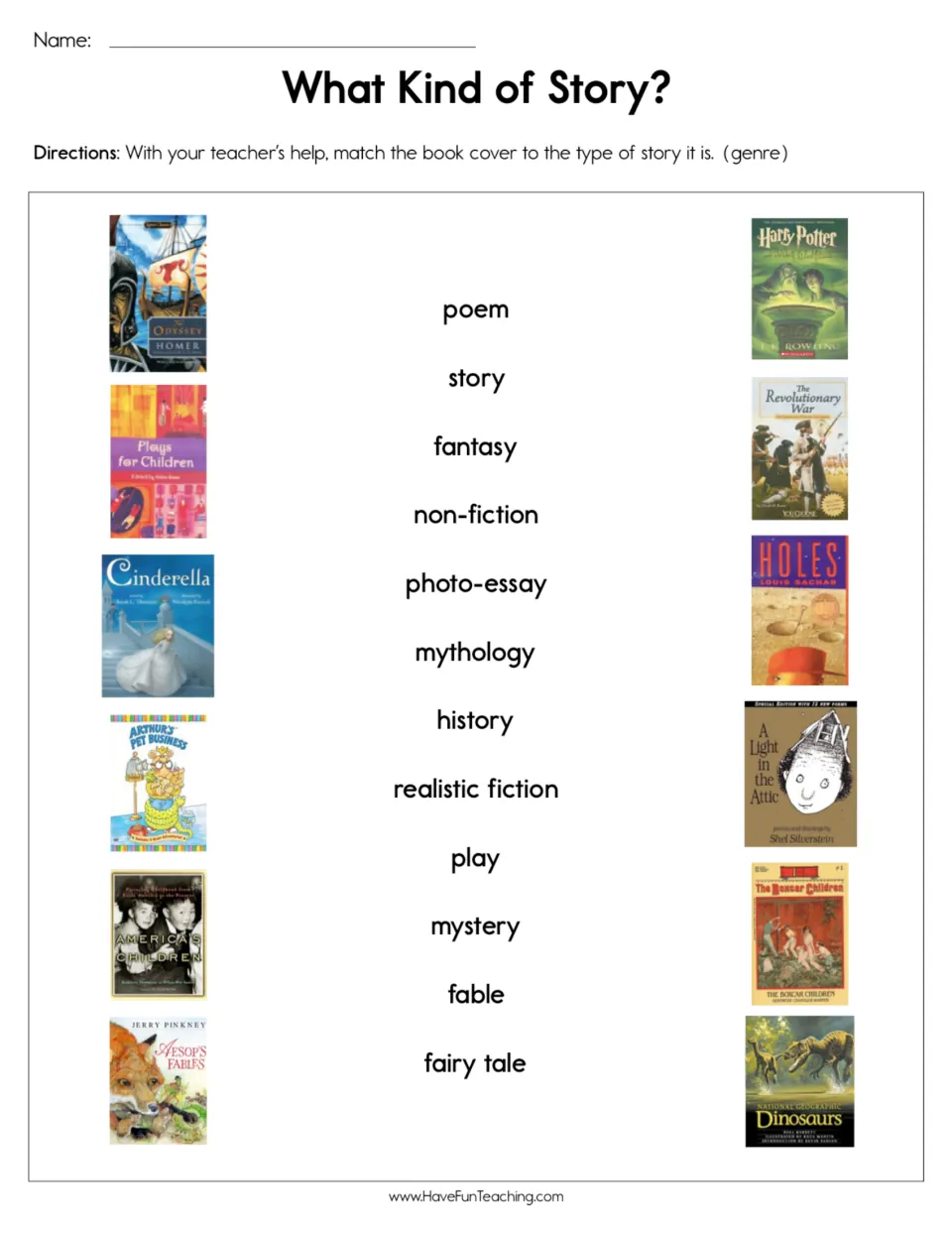 Genre matching activity: 12 book covers to match to labels including fantasy, mythology, fable, and history.