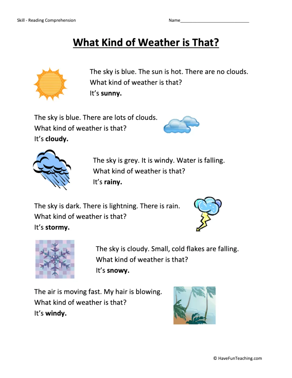 Reading passage describing six kinds of weather: sunny, cloudy, rainy, stormy, snowy, and windy.