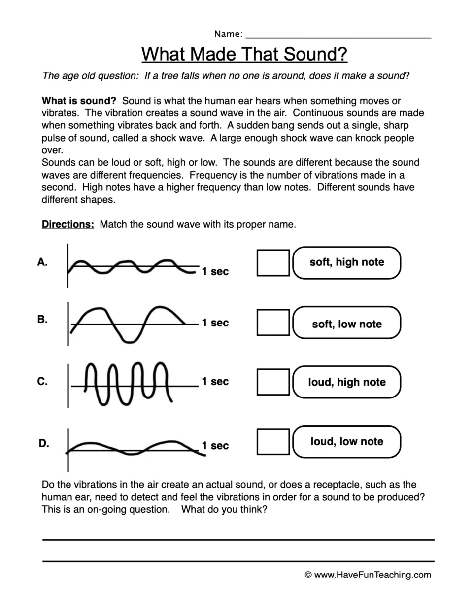 Sound worksheet explaining vibrations and frequency, with four waves to match to loud, soft, high, or low notes.
