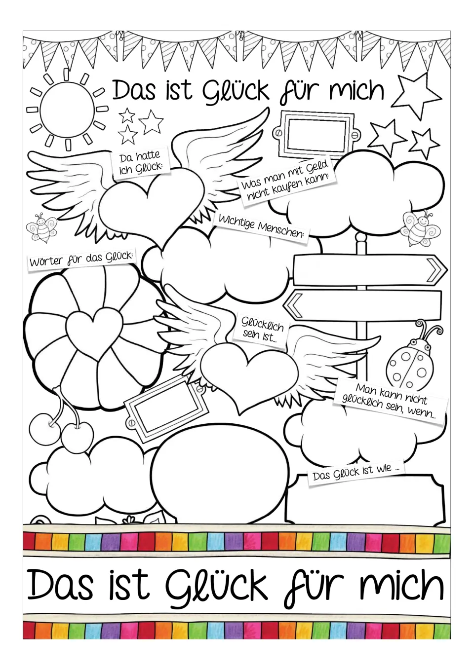 German happiness worksheet with a title banner and prompts about lucky moments and important people.