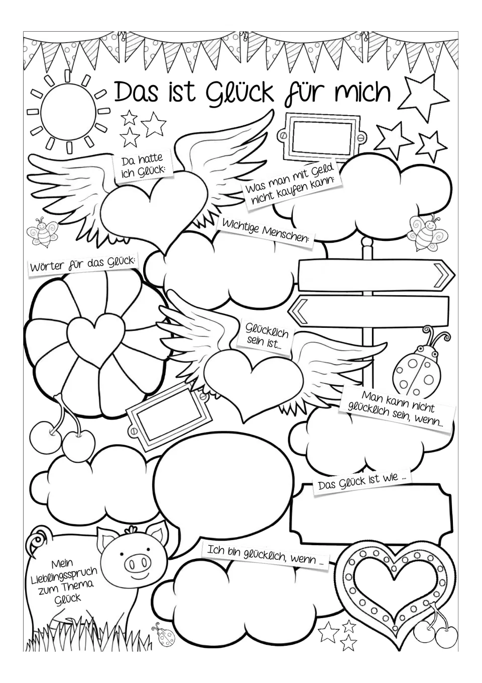 German happiness worksheet prompts include “Ich bin glücklich, wenn ...” (I am happy when) and a favorite saying.