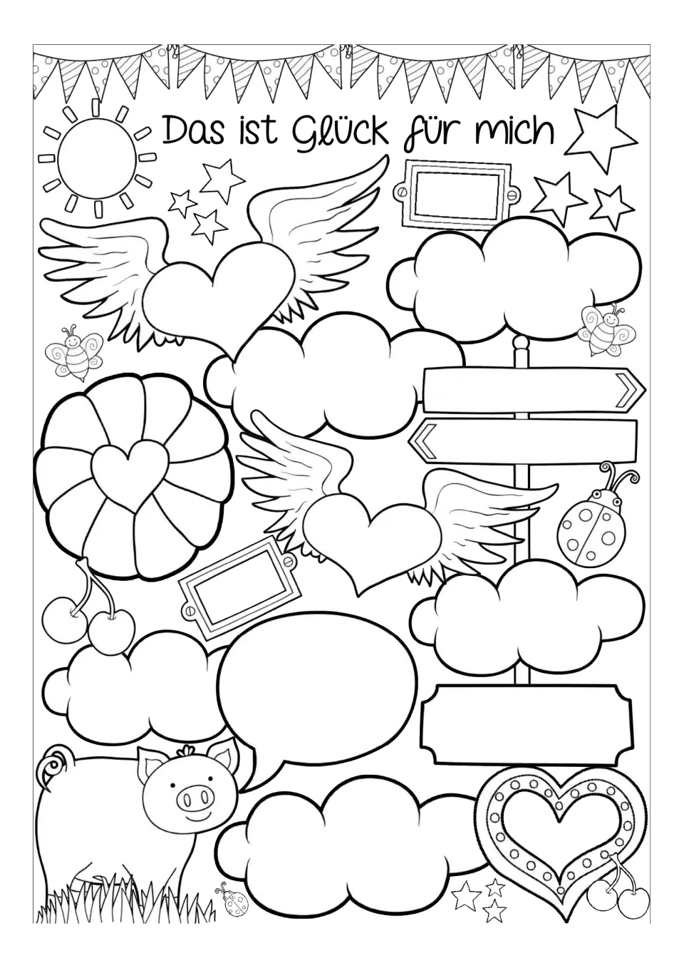 Open-ended German happiness worksheet headed “Das ist Glück für mich” (This is happiness to me), without prompts.
