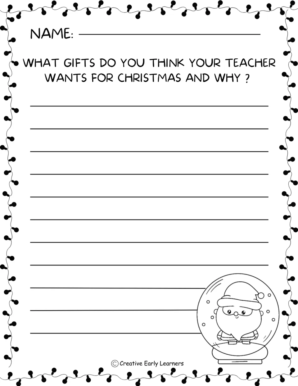 Opinion paragraph prompt: students write what gifts they think their teacher wants for Christmas and explain why
