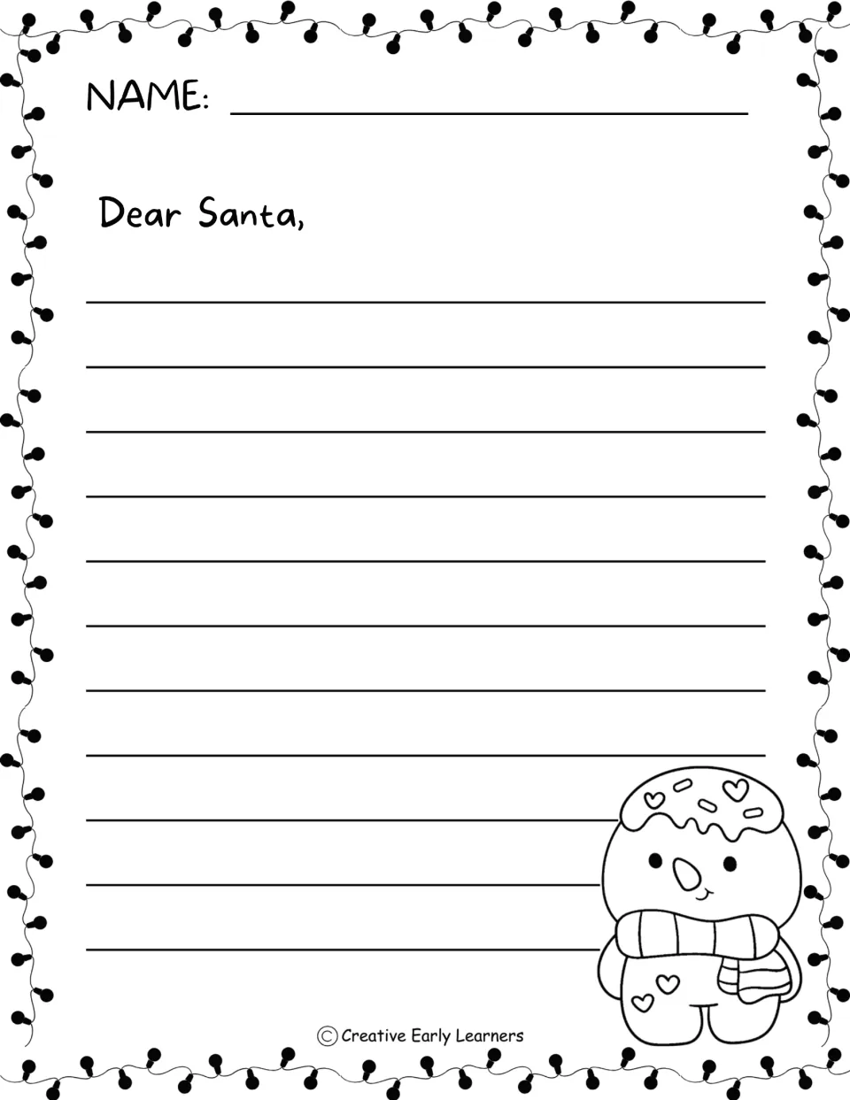 Letter to Santa: students write a friendly letter that begins 'Dear Santa,' beside a gingerbread character in a scarf