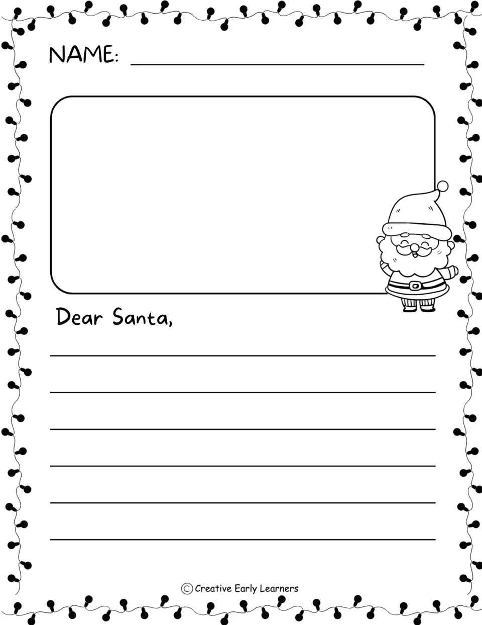 Dear Santa letter with drawing: students illustrate at the top, then write a short letter to Santa starting 'Dear Santa,'