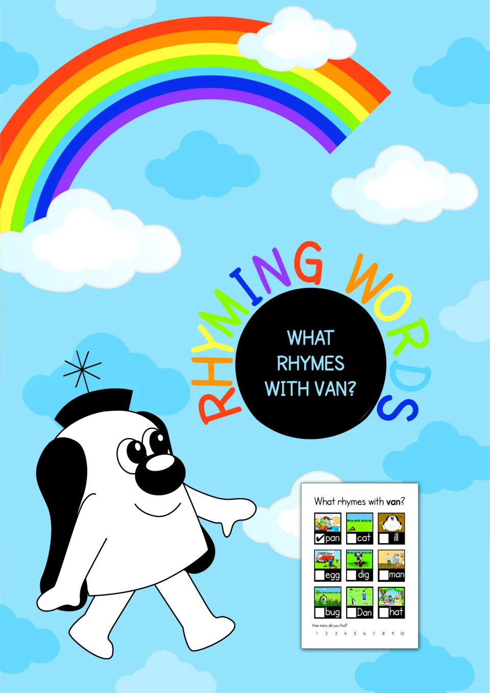Rhyming Words cover: What rhymes with van? A cartoon character beside a sample page of nine picture-word cards to tick