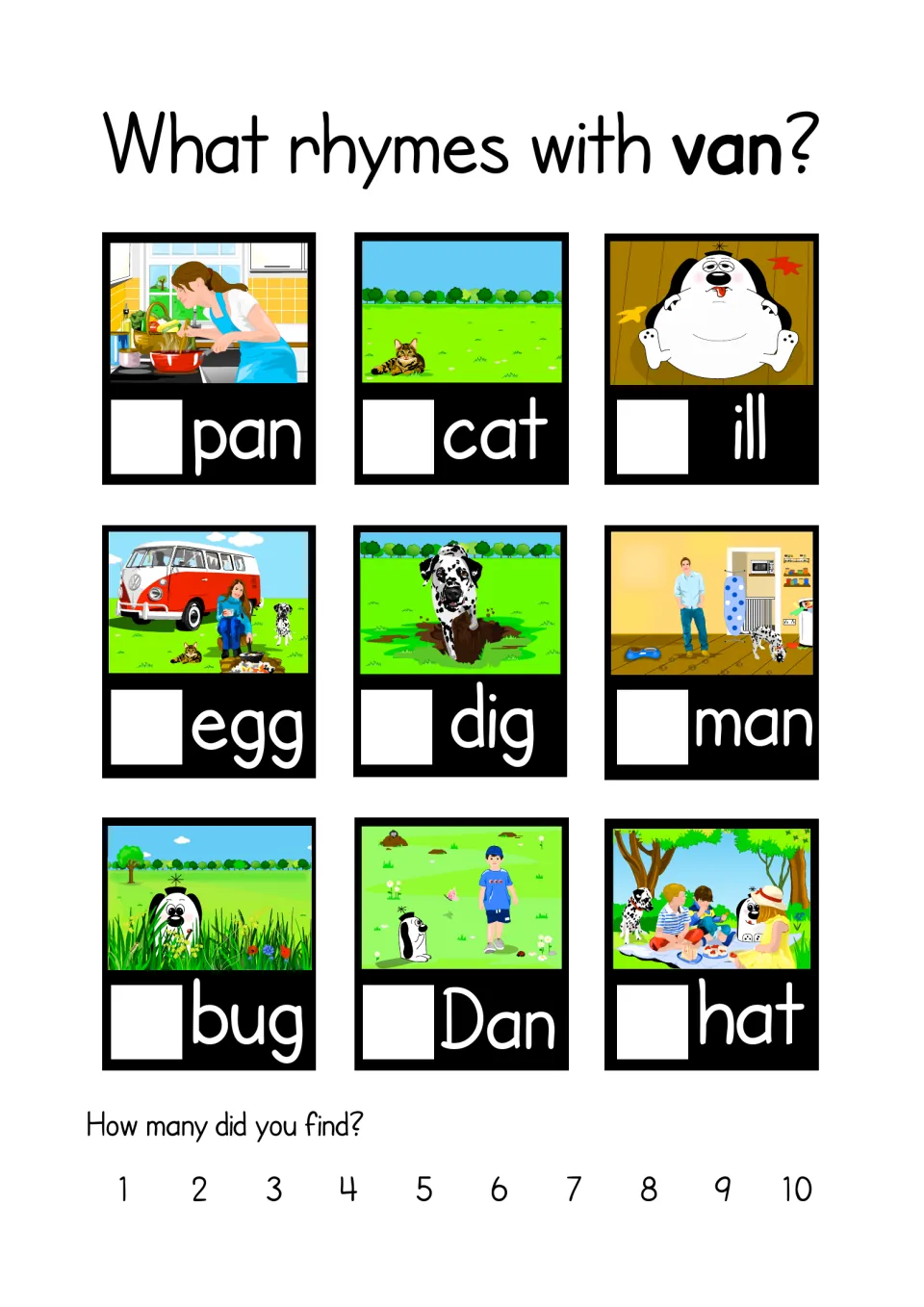 What rhymes with van? Students tick picture cards for pan, cat, ill, egg, dig, man, bug, Dan, hat and count rhymes found