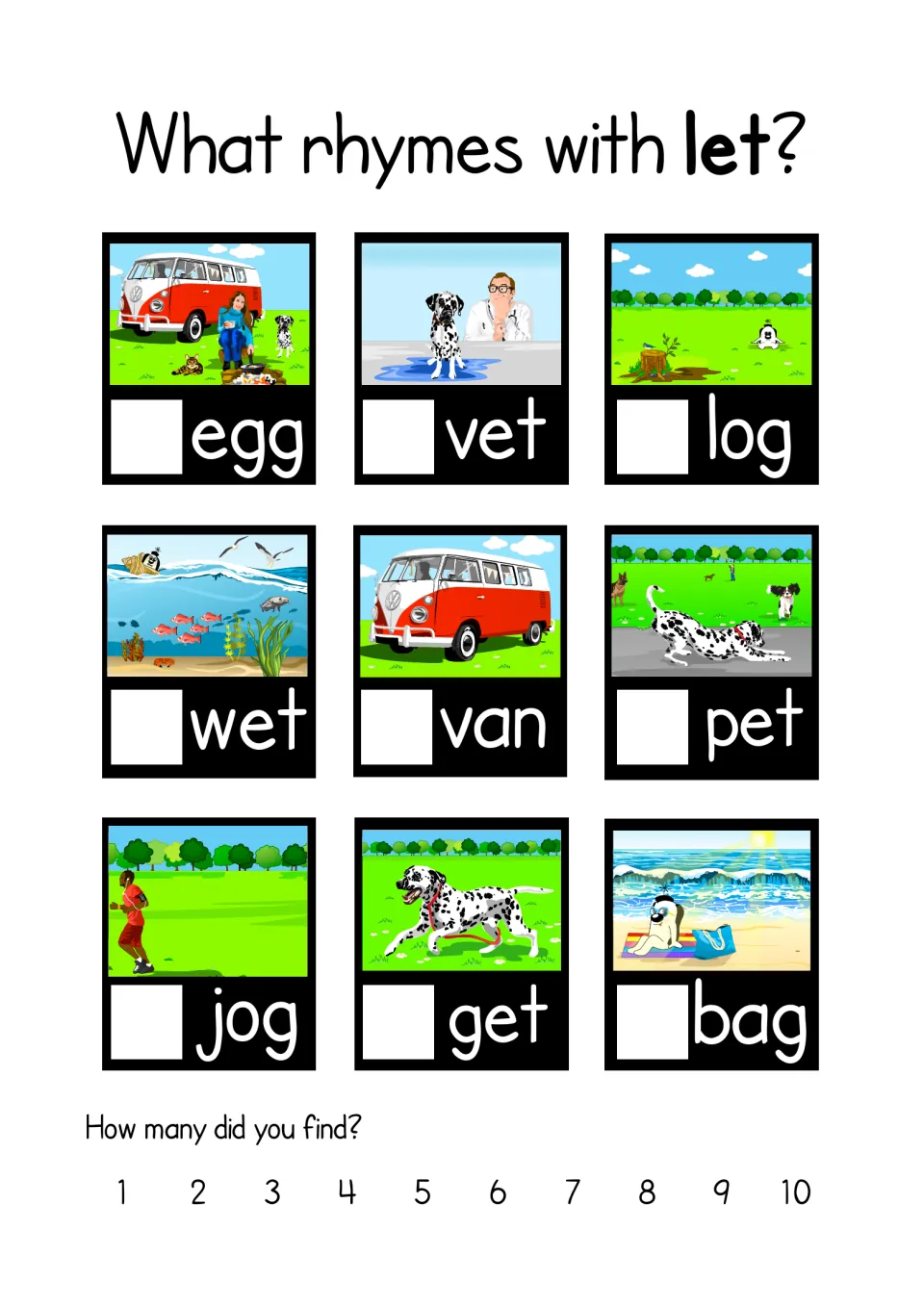 What rhymes with let? Students tick the rhyming cards among egg, vet, log, wet, van, pet, jog, get and bag, then count