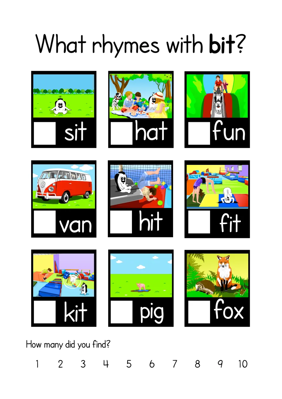 What rhymes with bit? Students find rhymes among picture cards sit, hat, fun, van, hit, fit, kit, pig and fox and count