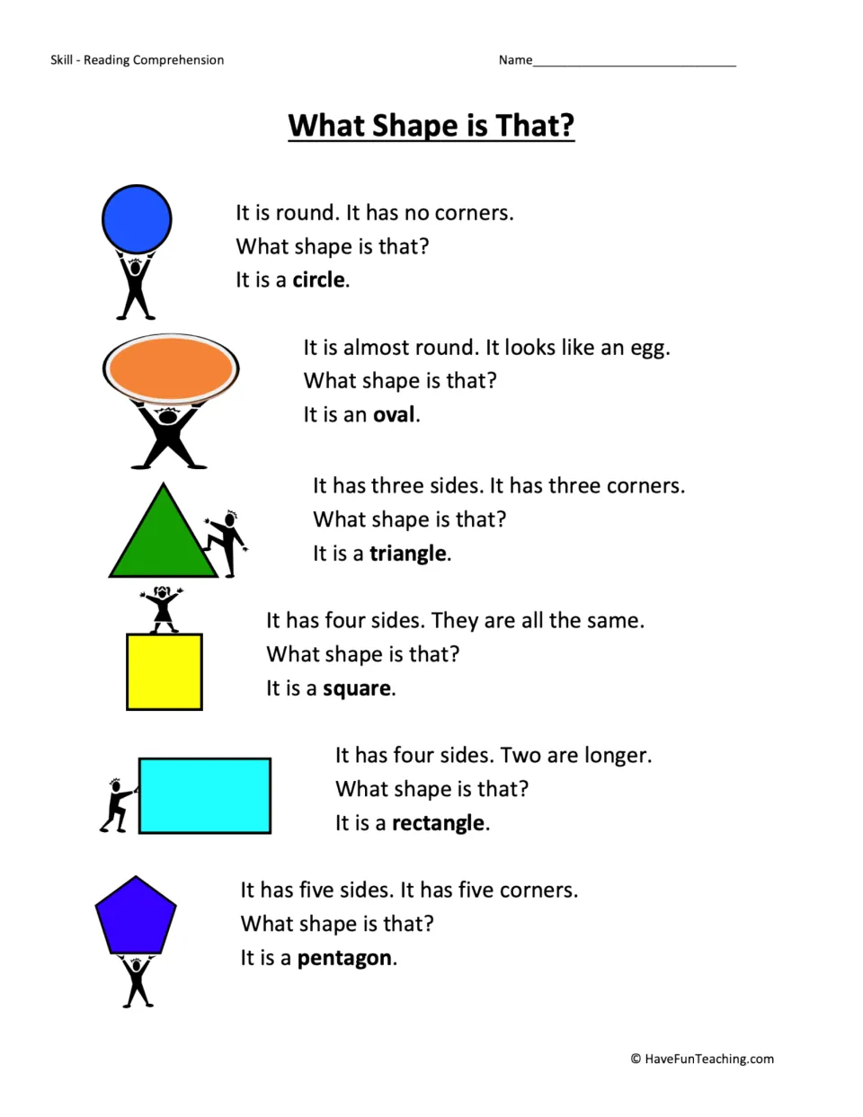 Reading passage introducing six shapes: circle, oval, triangle, square, rectangle, and pentagon.