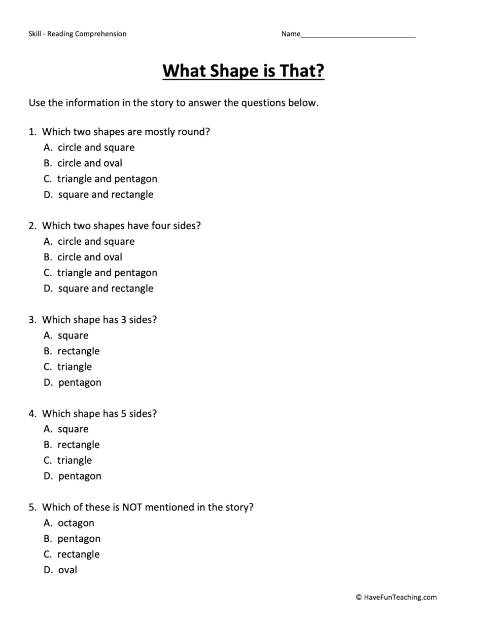 Five reading comprehension questions about round shapes, four-sided shapes, triangles, and pentagons.