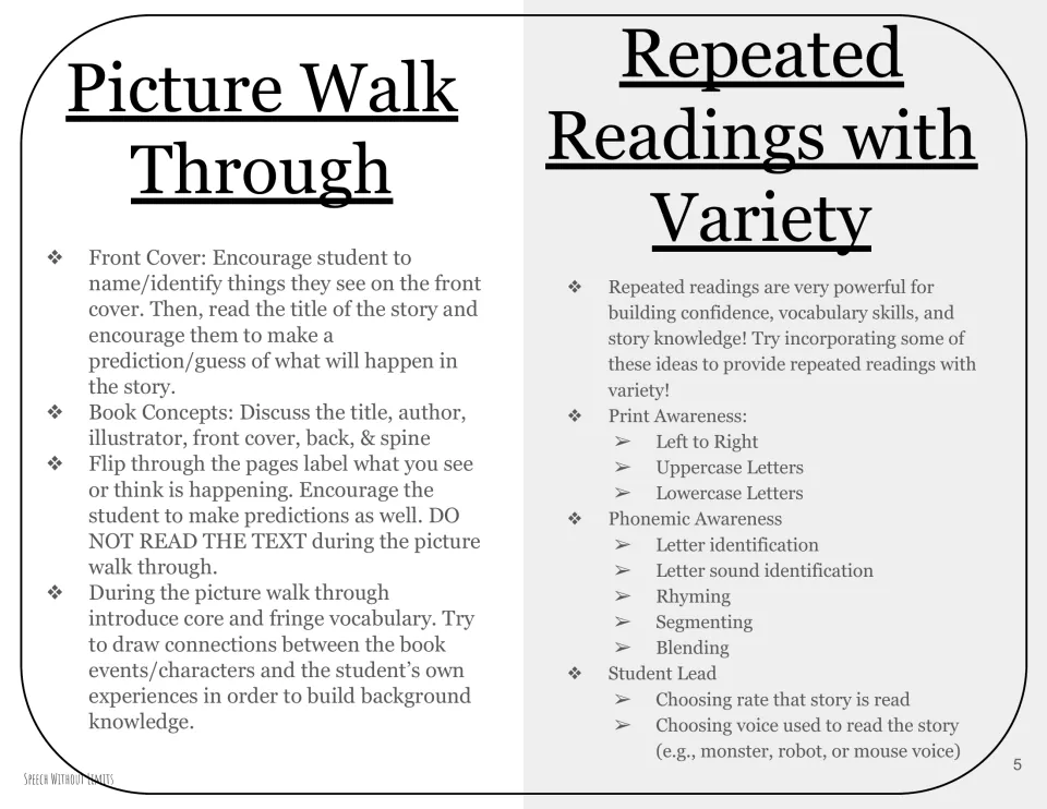 Reading guidance covers a picture walk, predictions, book concepts, and varied repeated reading activities