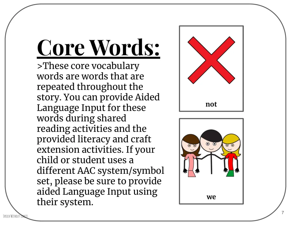 Core word symbols for not and we accompany guidance on aided language input during reading and extensions
