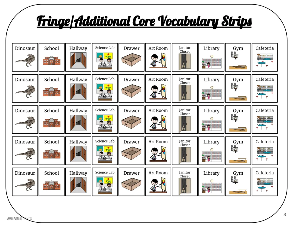 Five identical vocabulary strips each show dinosaur, school, hallway, science lab, drawer, and five more