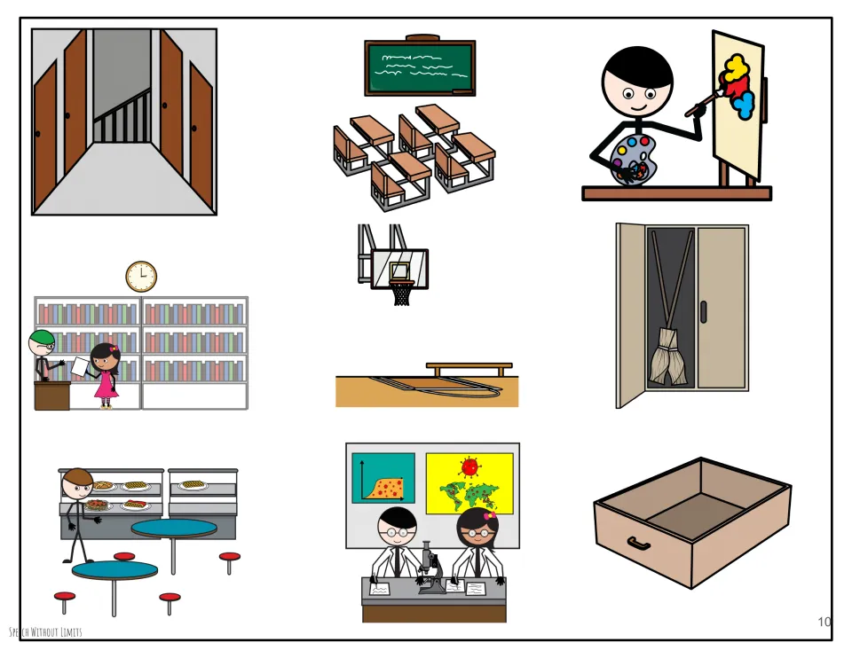 School storyboard for dinosaur props shows a hallway, classroom, art area, library, gym, and four more scenes