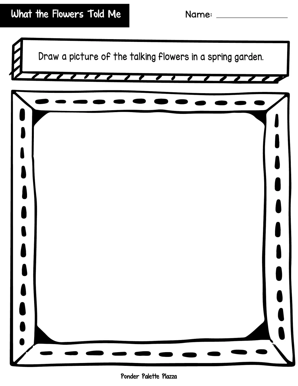 Talking flowers illustration: students draw a picture of the talking flowers in a spring garden to match the prompt