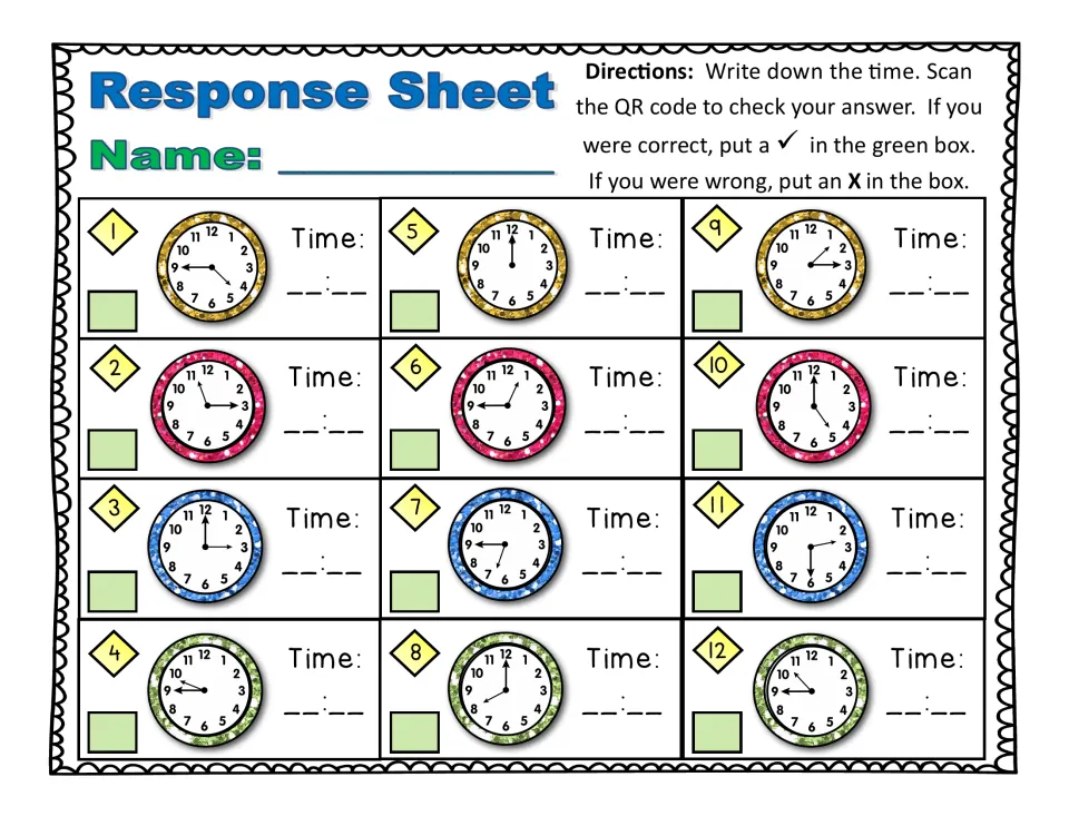 Response sheet for cards 1–12: name line, small clock images, a Time: blank and a green check box for each card