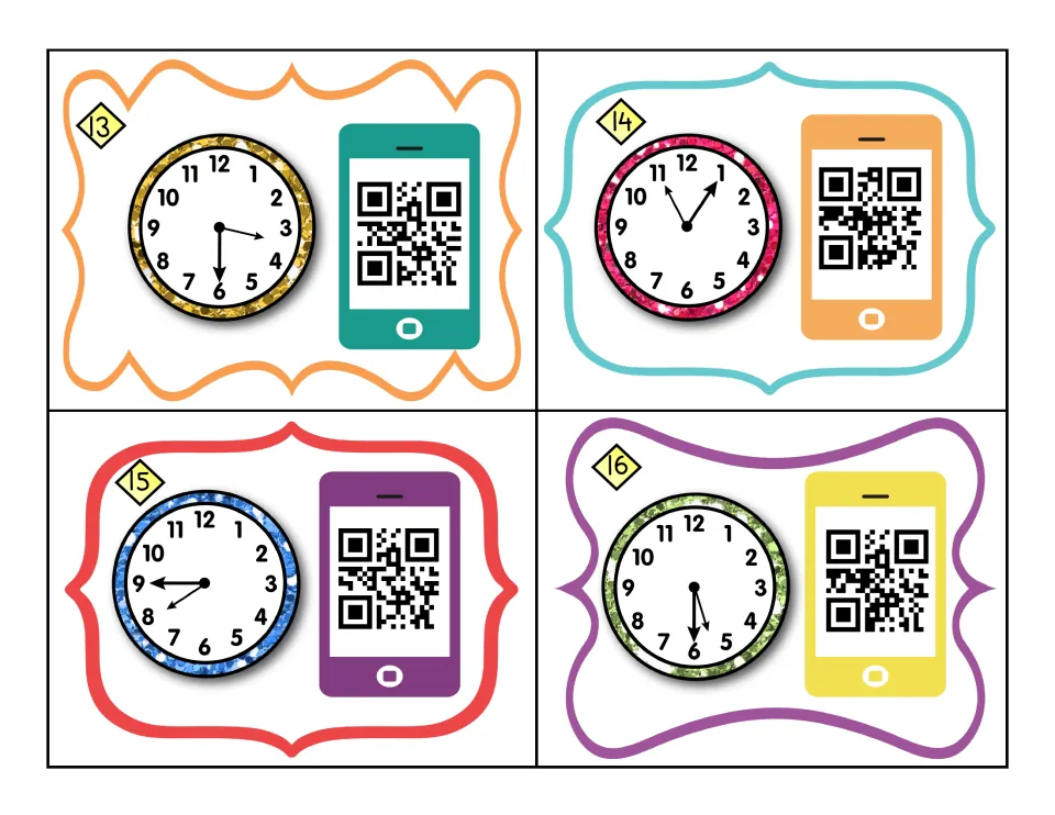 Telling-time task cards 13–16, each showing an analog clock and a QR code for checking the time.