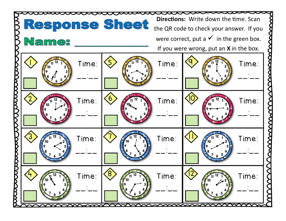 Response sheet for cards 1–12 with analog clocks and directions to record times and check answers by QR code.