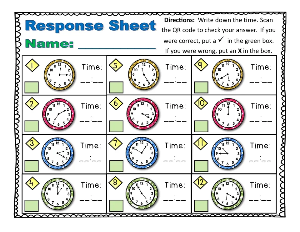 Response sheet for cards 1 to 12: students write the time shown on each small clock and mark a check or X after scanning
