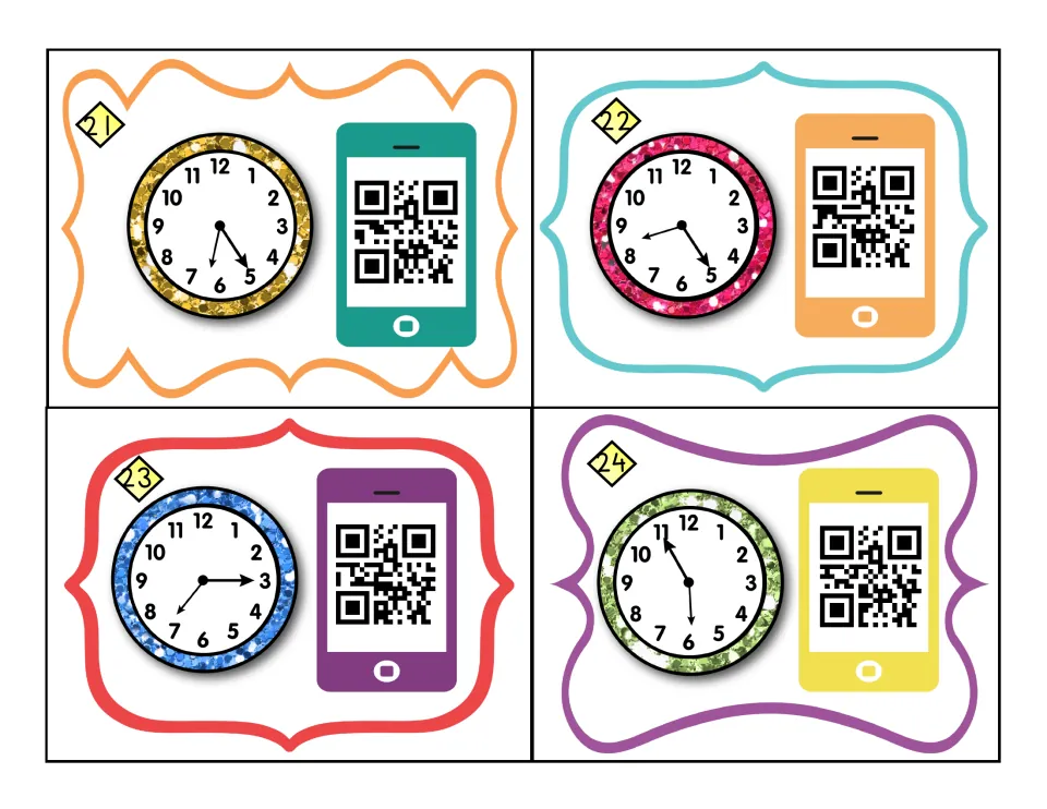 Final clock cards 21 to 24: students tell time from the hands on each clock face and scan the code to self-correct