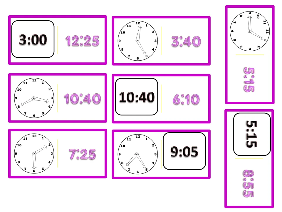 Time dominoes: students match each card's analog clock or digital time, like 9:05, to the written time on the next card