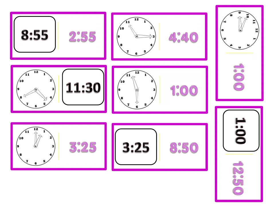 More time dominoes matching analog clocks and digital times such as 8:55, 11:30, 3:25 and 1:00 to written times like 4:40