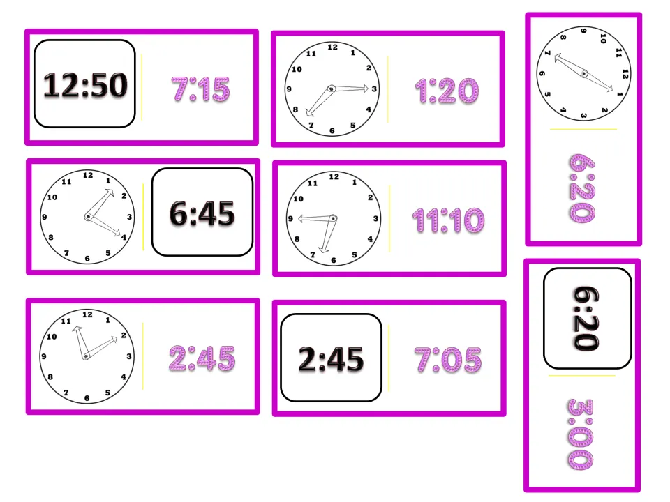 Final time domino cards pairing clocks and digital times such as 12:50, 6:45, 2:45 and 6:20 with times like 7:15 and 3:00