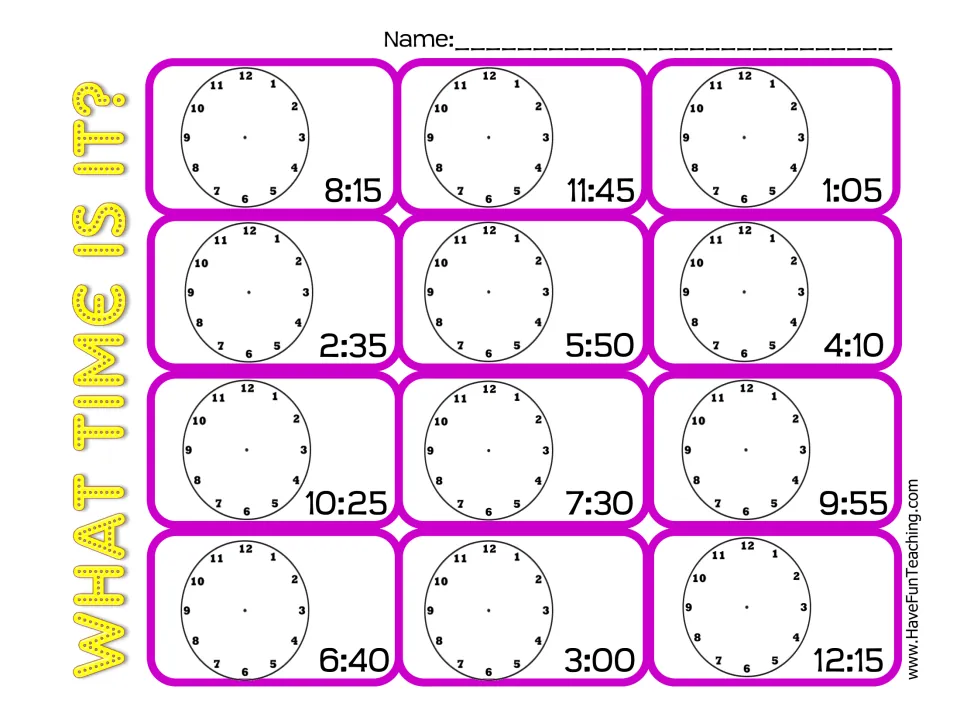 Drawing clock hands: students draw hands on 12 blank clocks to show times to five minutes, such as 8:15, 5:50 and 12:15