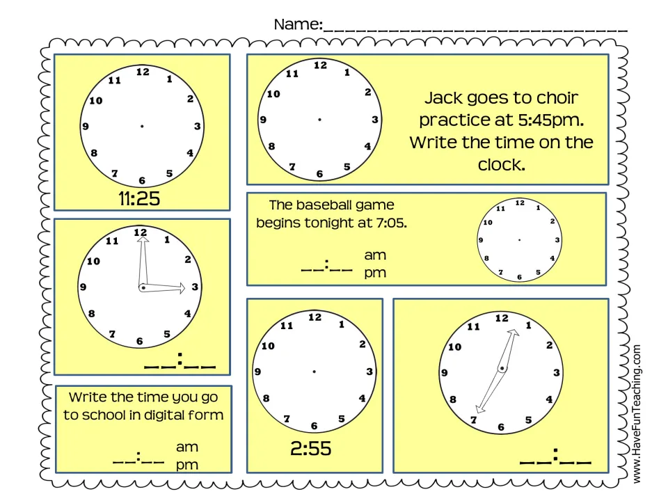 Telling and writing time: students draw hands for 11:25 and 2:55, write times shown, and solve choir and baseball problems