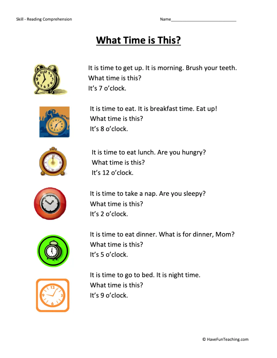 Telling time story: students read six short daily routine passages, from waking at 7 to bed at 9, each with a clock