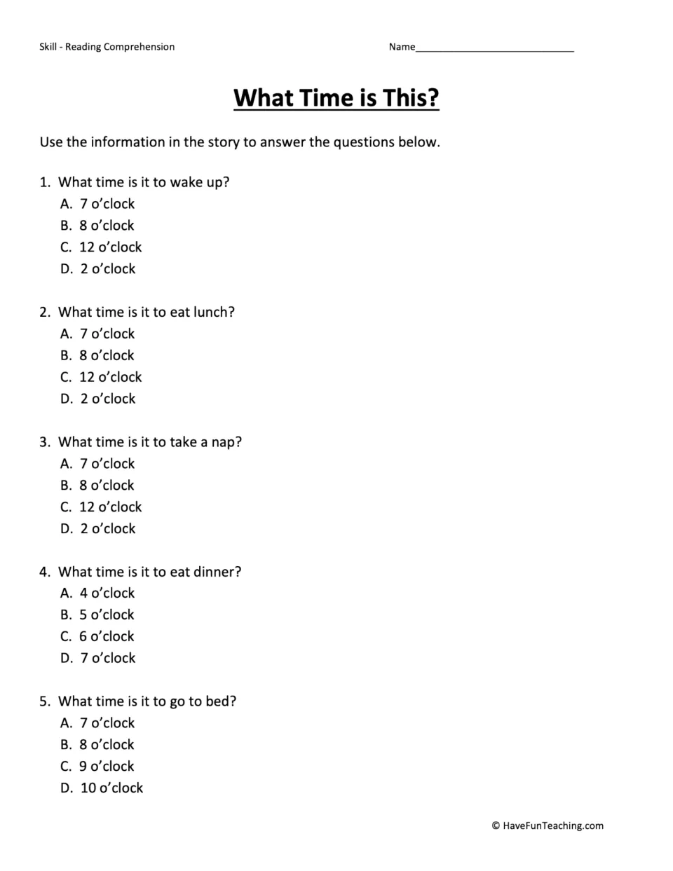 Story questions: students answer five multiple-choice items on when to wake up, eat lunch, nap, eat dinner and go to bed