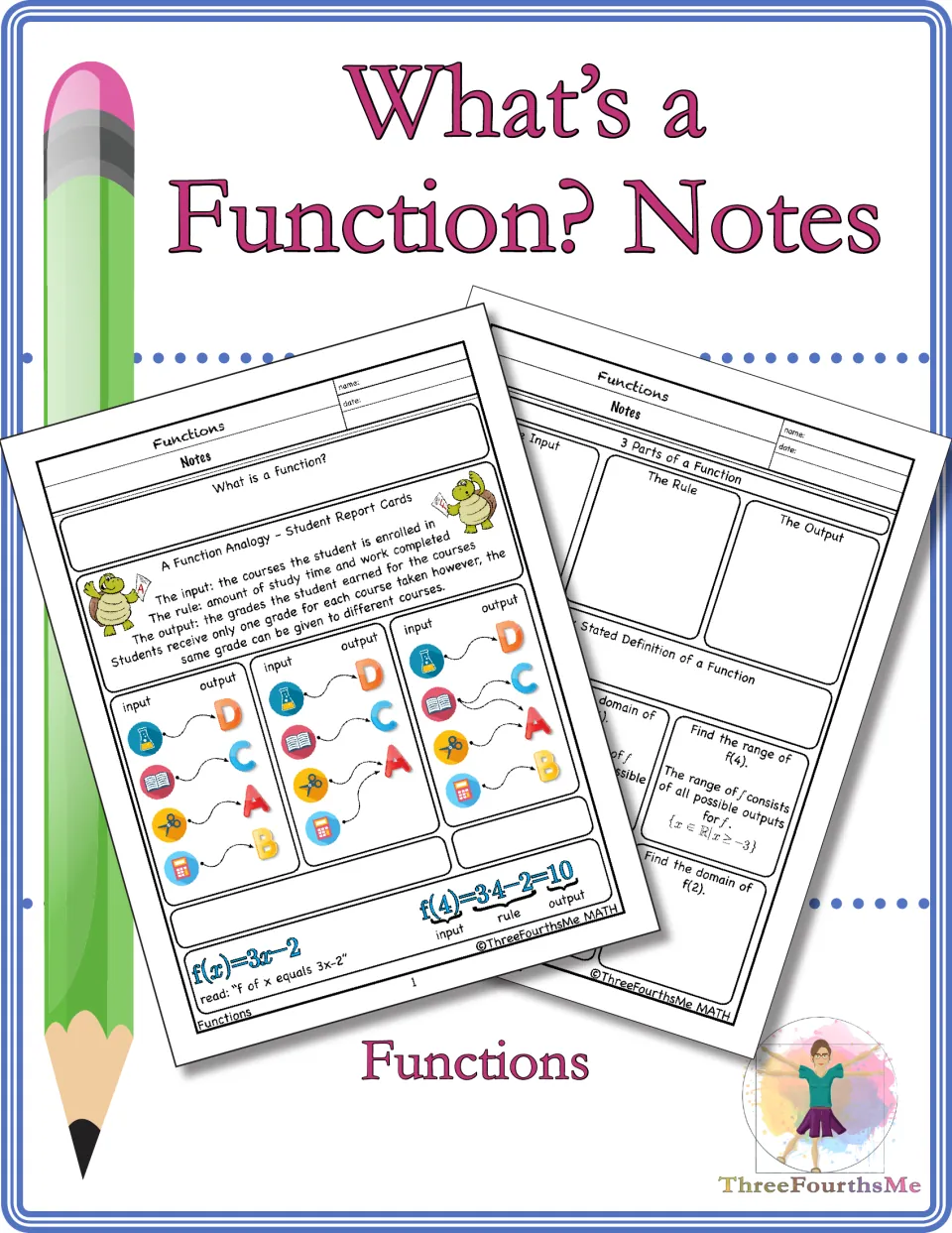 Cover for What's a Function? Notes showing two functions note pages: a report card analogy and 3 parts of a function