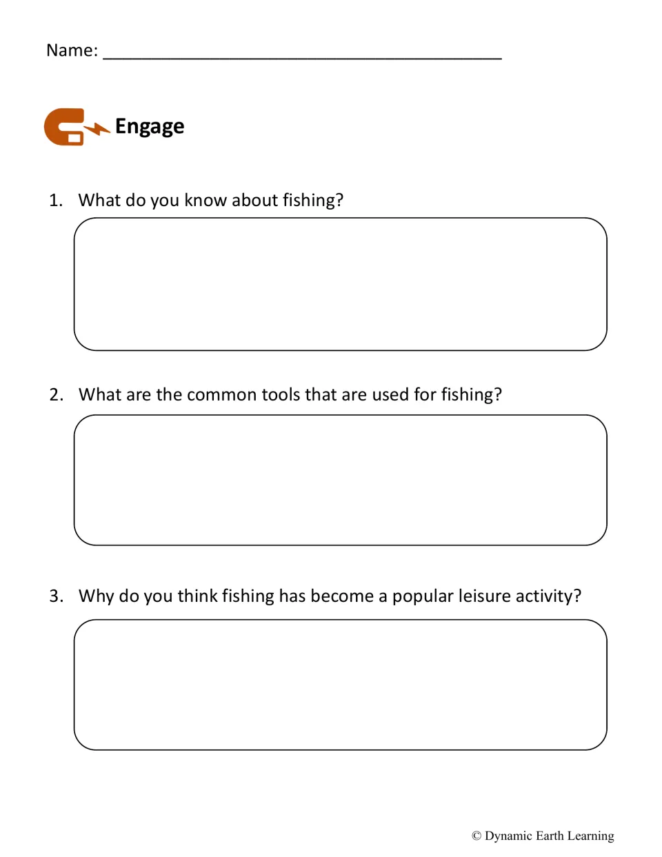 Engage questions on fishing: students write what they know, list common fishing tools and explain why it is a popular hobby