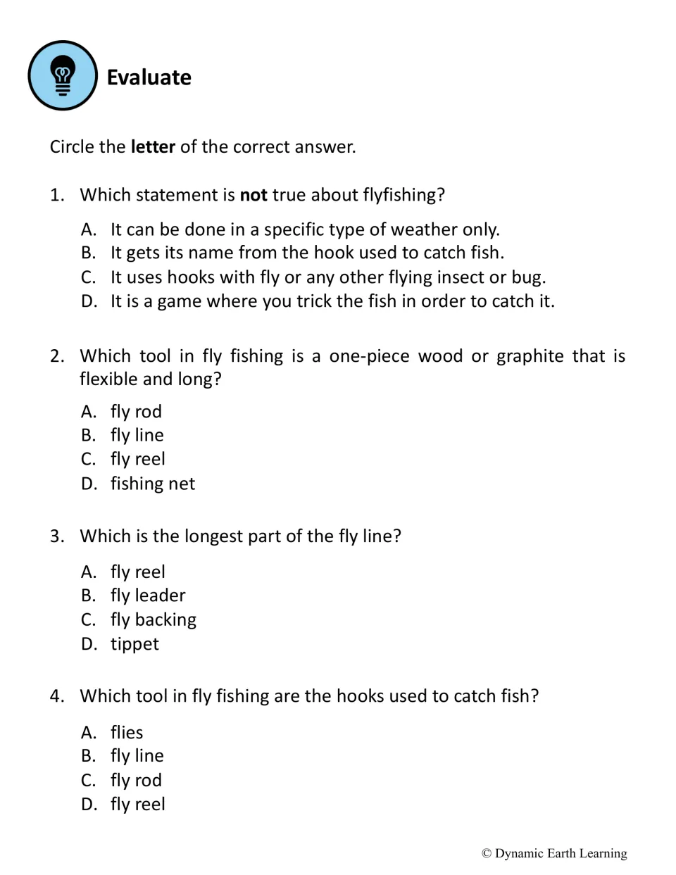 Evaluate quiz on fly fishing: students circle the correct letter for questions about the fly rod, fly line parts and flies