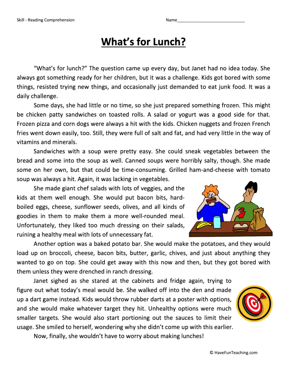 Reading passage about Janet weighing lunch options for her children and choosing meals through a dart game