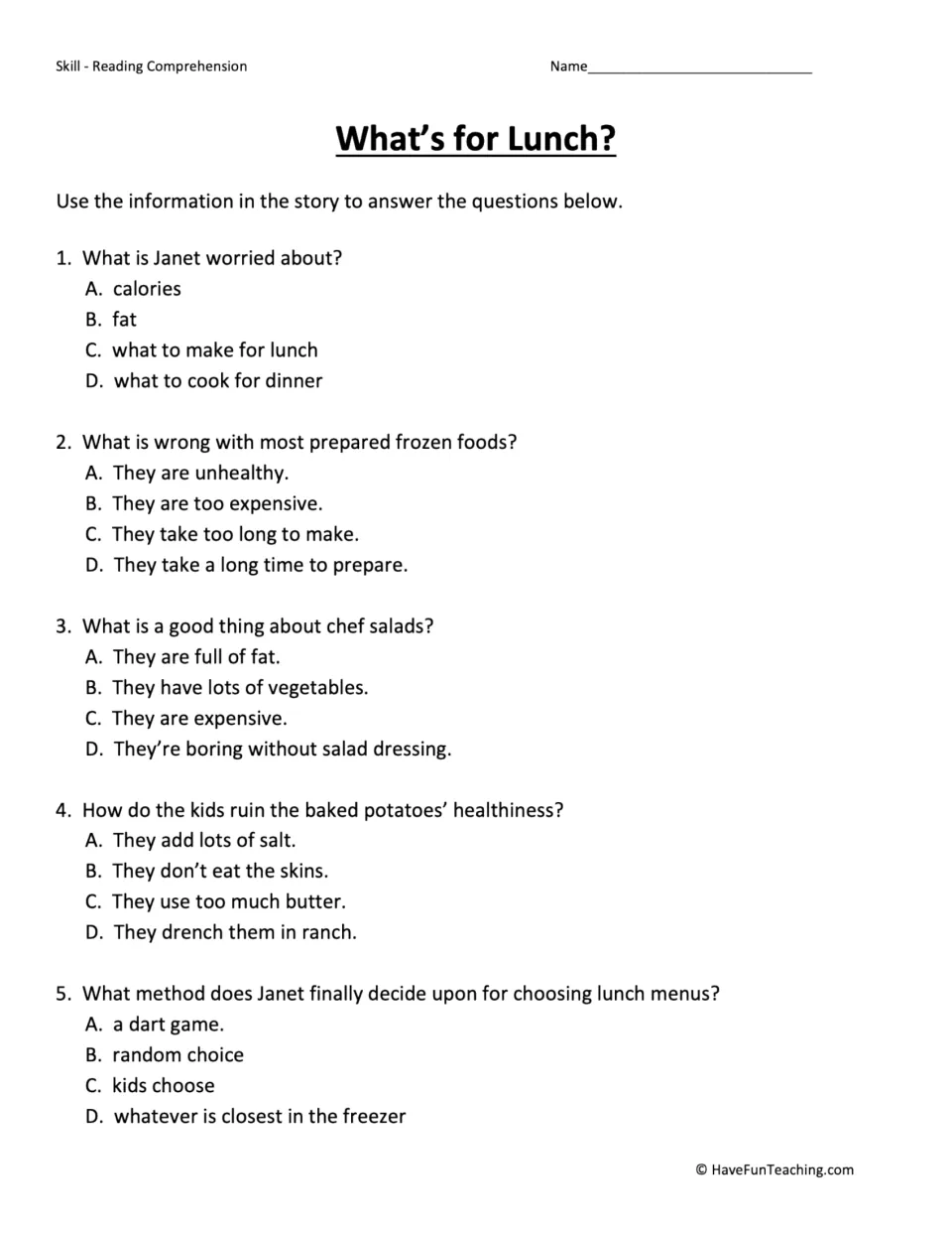 Five comprehension questions about Janet's lunch problem, frozen foods, chef salads, potatoes, and a dart game