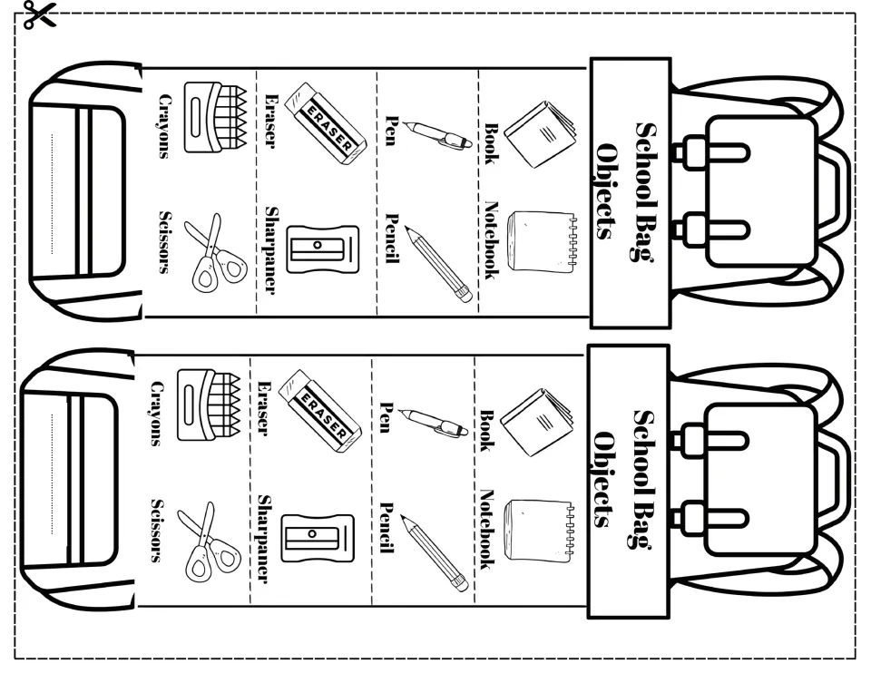 School Bag Objects: two backpack cut-outs showing crayons, eraser, pen, book, scissors, sharpener, pencil and notebook