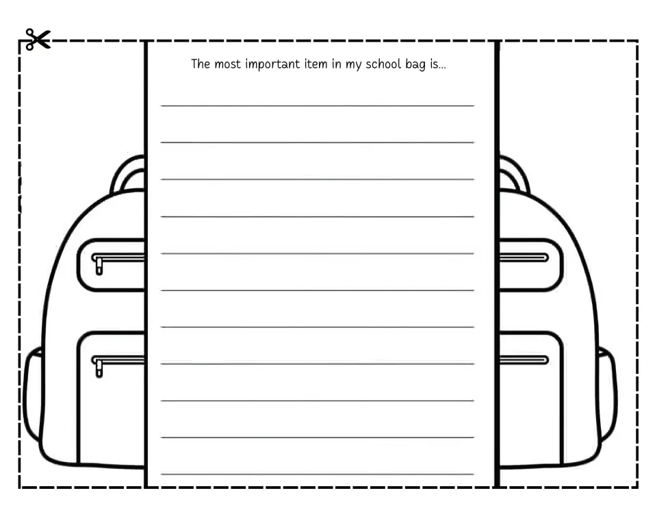 Sentence completion on a backpack panel: students finish The most important item in my school bag is... in their own words