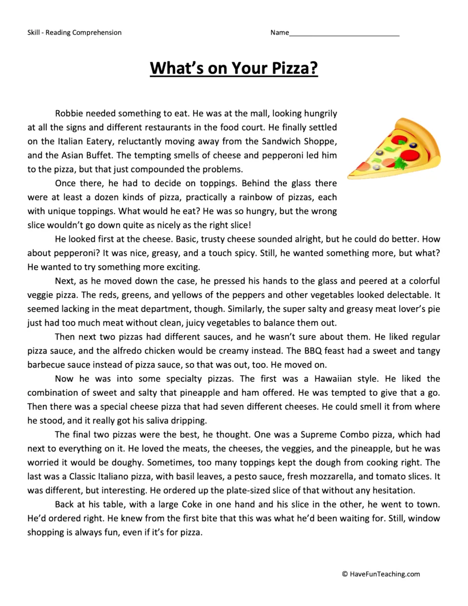 Reading passage about Robbie comparing pizza toppings at the mall and choosing a Classic Italiano slice.