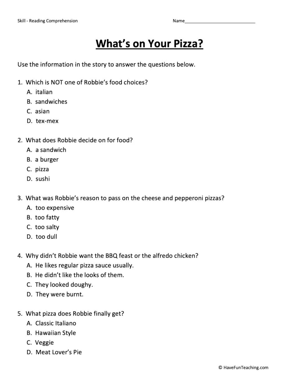 Five multiple-choice questions about Robbie's food choices, pizza preferences, and final pizza selection.