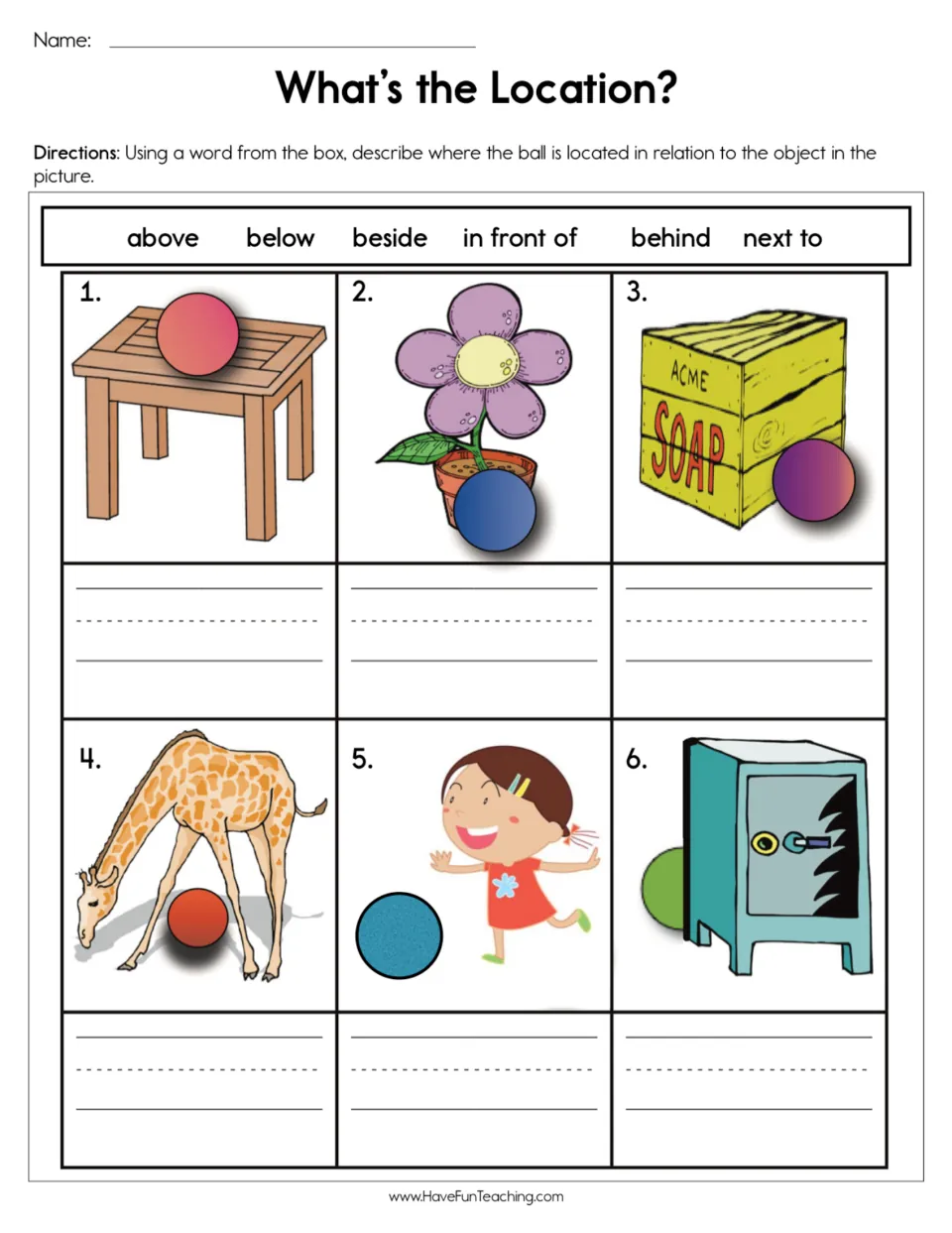 Positional word practice: describe the ball's location in six pictures using above, below, beside and more.