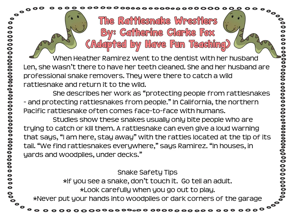 Reading passage 'The Rattlesnake Wrestlers' describes snake removers Heather and Len and snake safety tips.