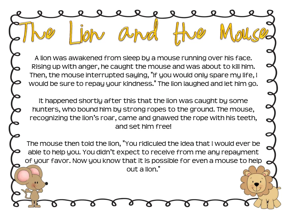 The Lion and the Mouse fable: students read how a spared mouse later gnaws the hunters' ropes to set the lion free