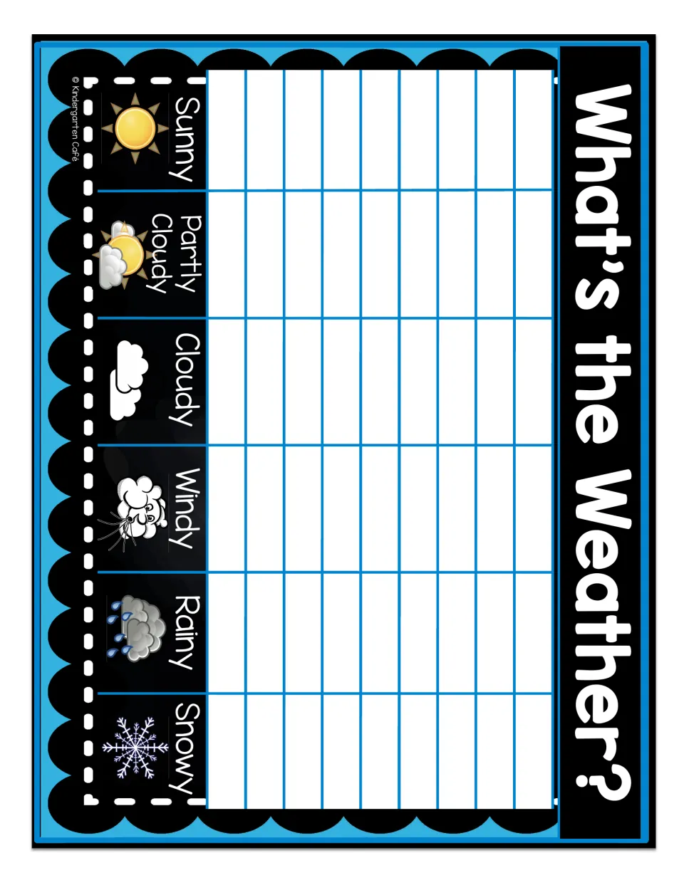 Weather recording chart for tracking sunny, partly cloudy, cloudy, windy, rainy, and snowy days.
