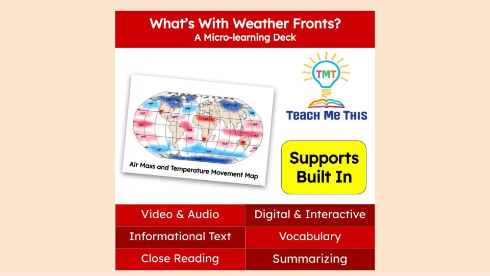 Cover of What's With Weather Fronts?, a micro-learning deck featuring an air mass and temperature movement map